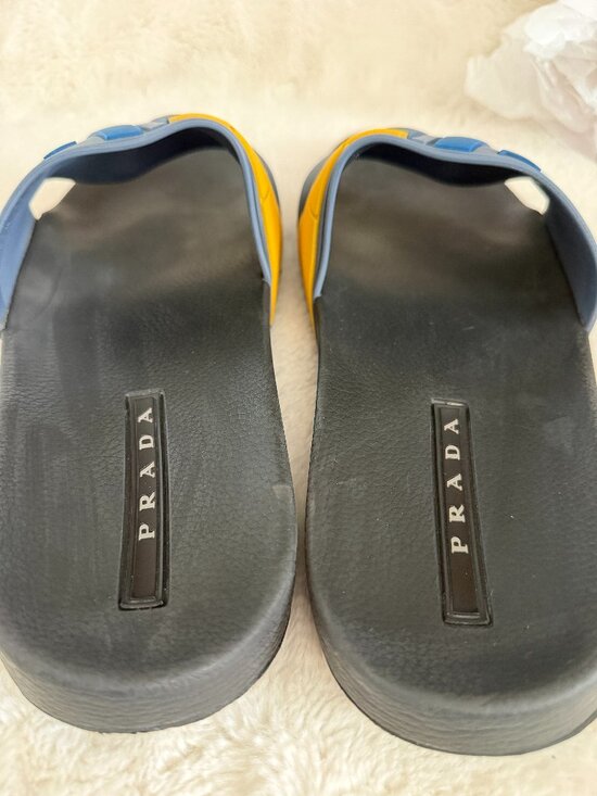 Prada Men\'s Blue & Yellow Rubber Logo Slides Sandals Size: 12 main image 13